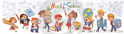 Back to school. Little children holding big school stationery. Long banner Vector Illustration