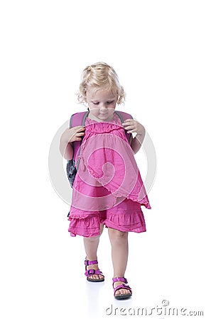 Back to school, little girl with backpack, on white Stock Photo