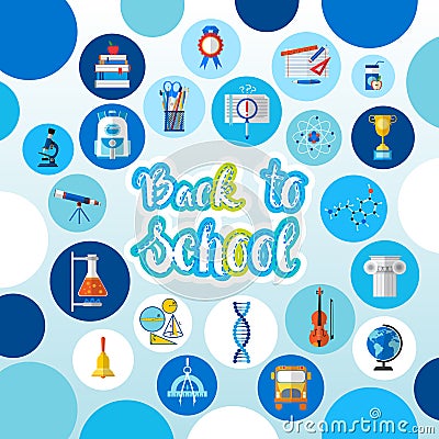 Back To School Logo Text On Background With Studing Supplies Vector Illustration