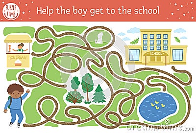 Back to school maze for children. Preschool printable educational activity. Funny puzzle with cute schoolboy, road map, park. Help Vector Illustration