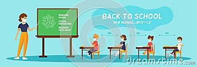 Back to school in New normal. Teacher and kids wearing face masks in classroom. Covid protections. Vector Illustration