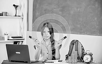 Back to school. Online education. smart school girl in classroom. childhood study online. drawing lesson. knowledge day Stock Photo