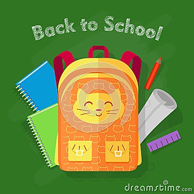 Back to School. Orange Bag on Green Background Vector Illustration