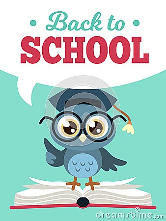 Back to school owl. Wise owl in graduate cap with books, learning education kids colored school card, cartoon vector Vector Illustration