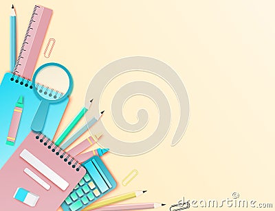 Back to school paper art background with notebook, pencil, ruler Vector Illustration