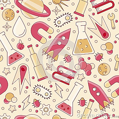 Back to school pattern. Science flat seamless pattern with scientific elements - molecule, atom structure, rocket, books Vector Illustration