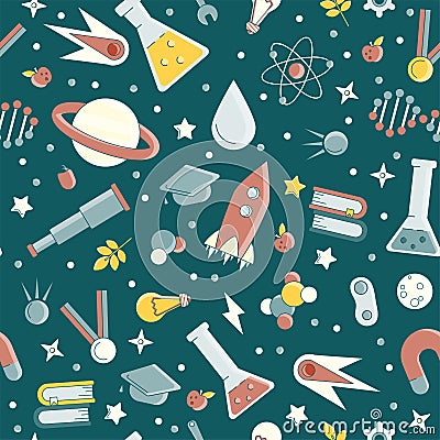 Back to school pattern. Science flat seamless pattern with scientific elements - molecule, atom structure, rocket, books Vector Illustration