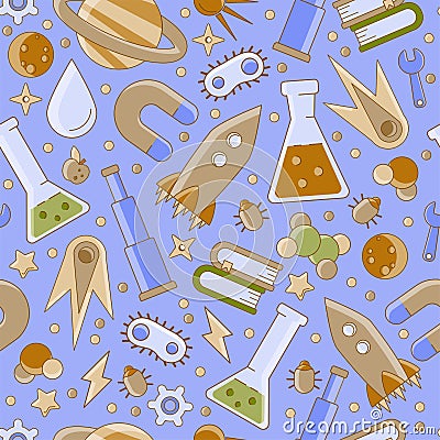 Back to school pattern. Science flat seamless pattern with scientific elements - molecule, atom structure, rocket, books Vector Illustration