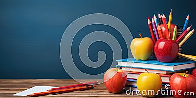 Back to school. Place for text. Notepad and apple on the table. Generative AI Stock Photo
