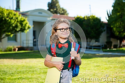 Back to school. Portrait of schoolboy from elementary school at the school yard. Stock Photo