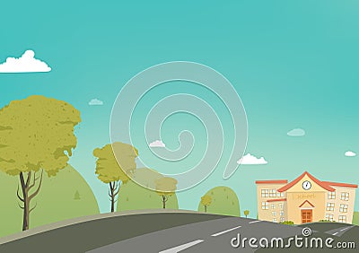 Back to school, poster background vector cartoon, greeting card, road way to school Vector Illustration