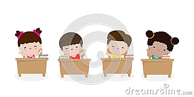 Back to school Primary school pupils sit at desk, Elementary education, children writing in copybook,Kids getting knowledge Vector Illustration