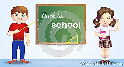 Back to school. Pupils near the blackboard. artoon character near blackboard. Great illustration for a school books and Cartoon Illustration