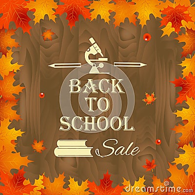 Back to school sale background with frame of leaves with design elements, books, microscope and text Vector Illustration