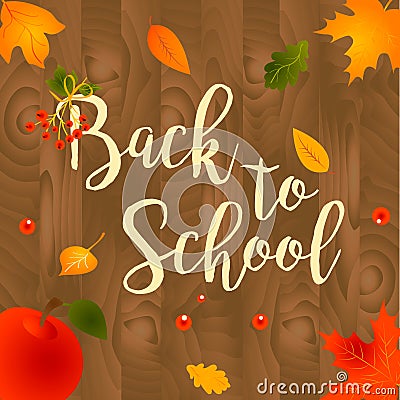 Back to school sale background with leaves, apple and lettering text Vector Illustration