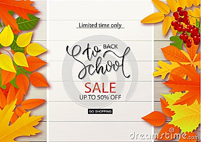 Back to school sale background with leaves on wooden boards.Vector illustration. Cartoon Illustration