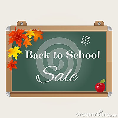 Back to school sale background with realistic blackboard, autumn leaves, apple and text Vector Illustration