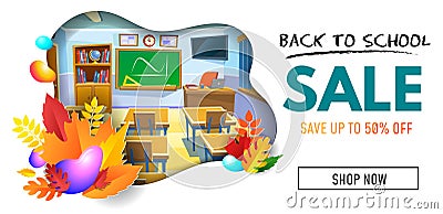 Back to school sale banner with empty cartoon classroom. Vector Vector Illustration