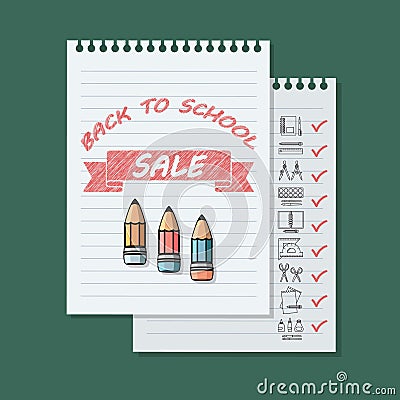 Back to school sale banner on green background. Vector Illustration