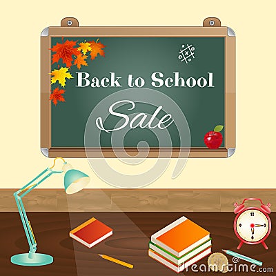 Back to School sale concept with blackboard, school items, desk lamp Vector Illustration