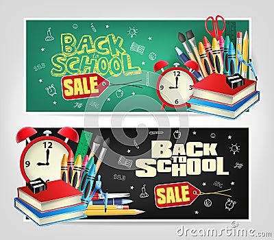 Back to School Sale Die cut Banners with Colorful School Elements Vector Illustration