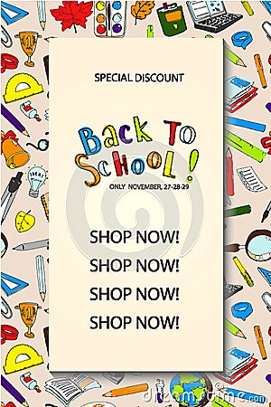 Back to school sale flyer card. Sale pattern template. Seamless pattern element on background. Vector Illustration