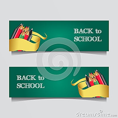 Back to school sale offer discount banner template with stationary and green chalkboard background Stock Photo