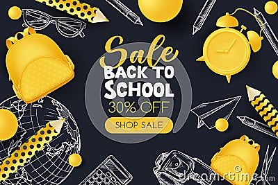 Back to school sale poster, banner design. Vector illustration of school supplies. Creative modern education concept Vector Illustration