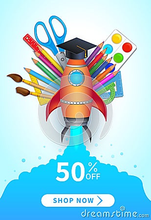 Back to school sale poster, banner, flat design with colorful realistic supplies and rocket launch Stock Photo