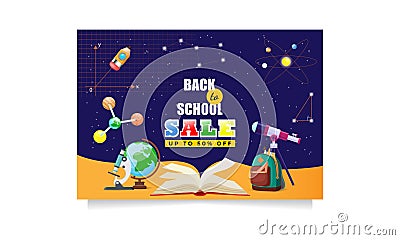 Back to school sale vector banner with educational items, planets, molecules floating in space Vector Illustration