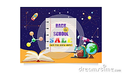 Back to school sale vector banner with educational items, planets, molecules floating in space Vector Illustration