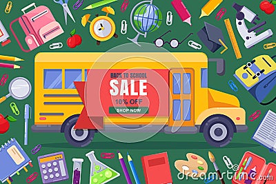 Back to school sale vector banner, poster template. Education background with yellow bus and stationery supplies Vector Illustration