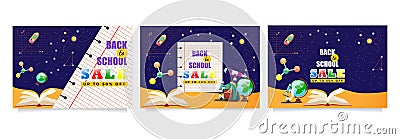 Back to school sale vector banners set with educational items, planets, molecules floating in space Vector Illustration