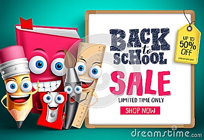 Back to school sale with school vector characters. Education items mascots happy showing whiteboard Vector Illustration