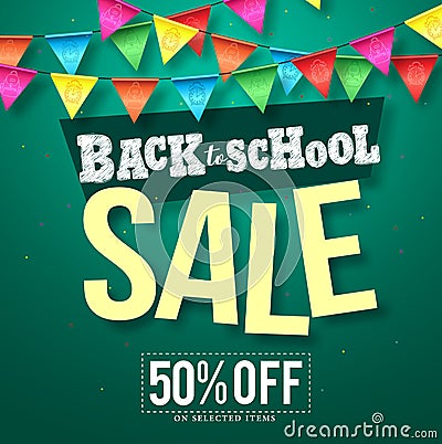 Back to school sale vector design with colorful streamers hanging Vector Illustration