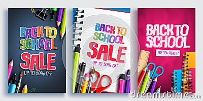 Back to school sale vector poster design set with colorful school supplies, educational items Vector Illustration