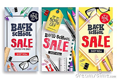 Back to school sale vector poster web template. Sale discount text and school items Vector Illustration