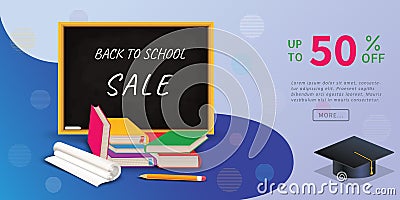 Back to school sale web banner with up to 50% discount off on chalkboard with stack of books, pencil and graduation cap. Stock Photo