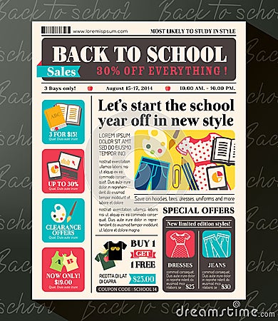 Back to School Sales Promotional Design Template in Newspaper Vector Illustration