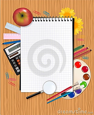 Back to school. School notebook with supplies Vector Illustration