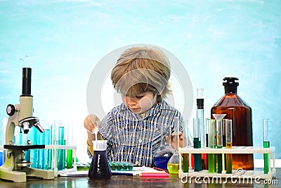 Back to school. Science and education concept. It was a little chemistry experiment. Experiment. Lab microscope and Stock Photo