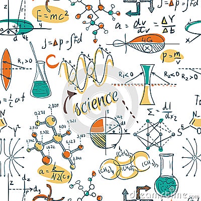 Back to School: science lab objects doodle vintage style sketches seamless pattern, Vector Illustration