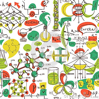 Back to School: science lab objects doodle vintage style sketches seamless pattern, Vector Illustration