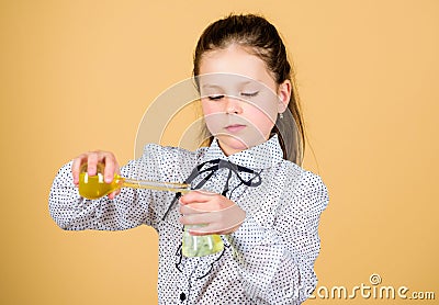 Back to school. science research in lab. Small school girl. small smart girl with testing flask. education and knowledge Stock Photo