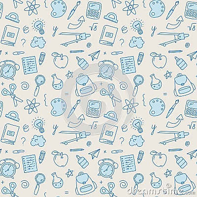 Back to School Seamless pattern, school supplies background. Vector illustration in doodle, simple line style Cartoon Illustration