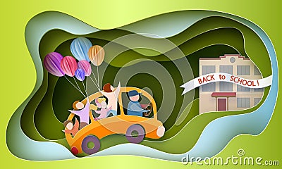 Back to school 1 september card. Children in bus Vector Illustration