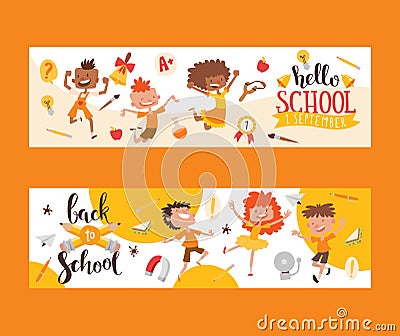 Back to school set of banners. Kids, children with education equipment vector illustration. School supplies, colorful Vector Illustration