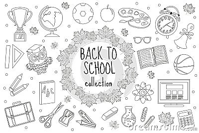 Back to school set of icons, line style. Education collection of doodle design elements, outline. Coloring page for Vector Illustration