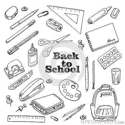 Back to school - set of objects in sketch style Cartoon Illustration