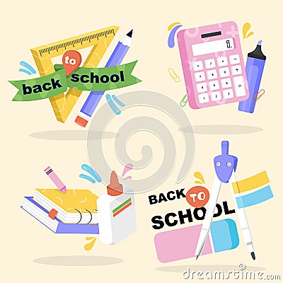 Back to school set with school supplies, education elements. Vector school emblems. Vector Illustration